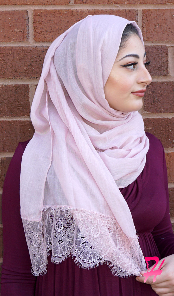 Delicate Lace Edge Hijab Scarf Powder Pink Hijabs For Sale At Hijabican Hijab Store Free