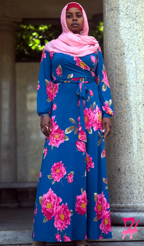 blue floral long sleeve wrap dress