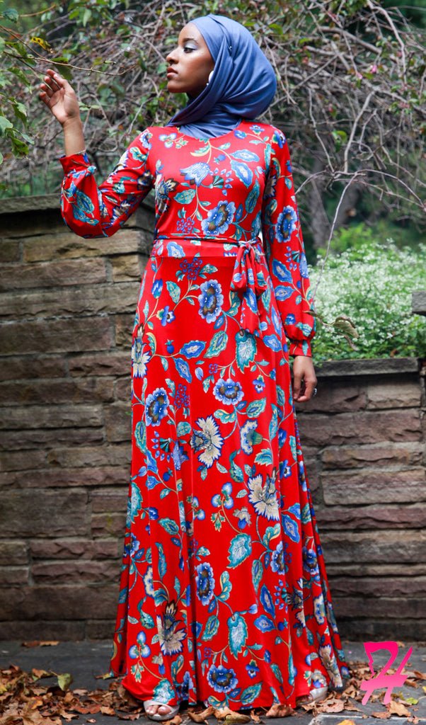 red long sleeve floral dress