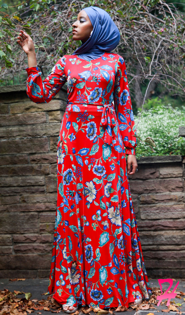 red floral long sleeve maxi dress