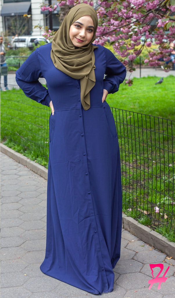 navy button dress