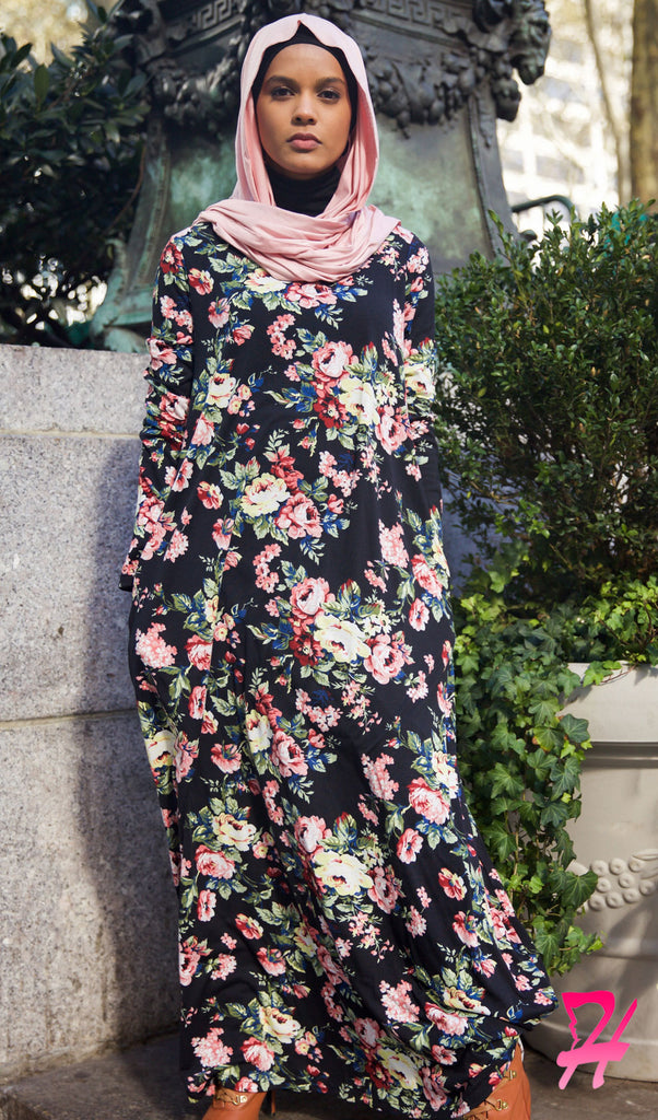 black floral long sleeve maxi dress