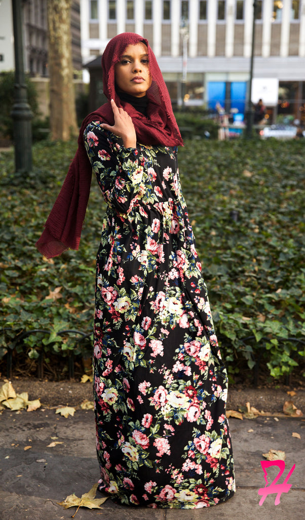 black floral long sleeve maxi dress