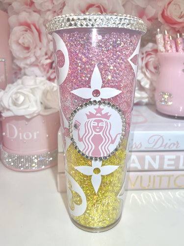 Rose Gold Vinyl With Rose Pink Full Glitter Rhinestone Bling Venti Acrylic Starbucks  Tumbler 24oz 