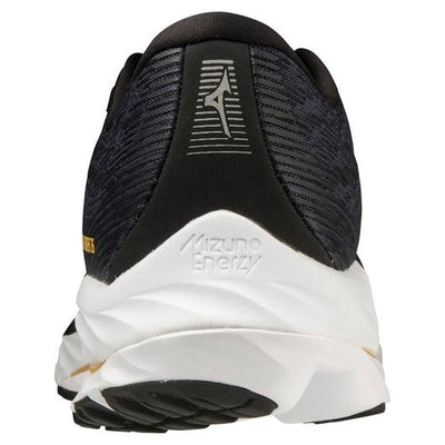 Back view of the Men's Wave Rider 26 from Mizuno in Odyssey Grey/Metallic Grey