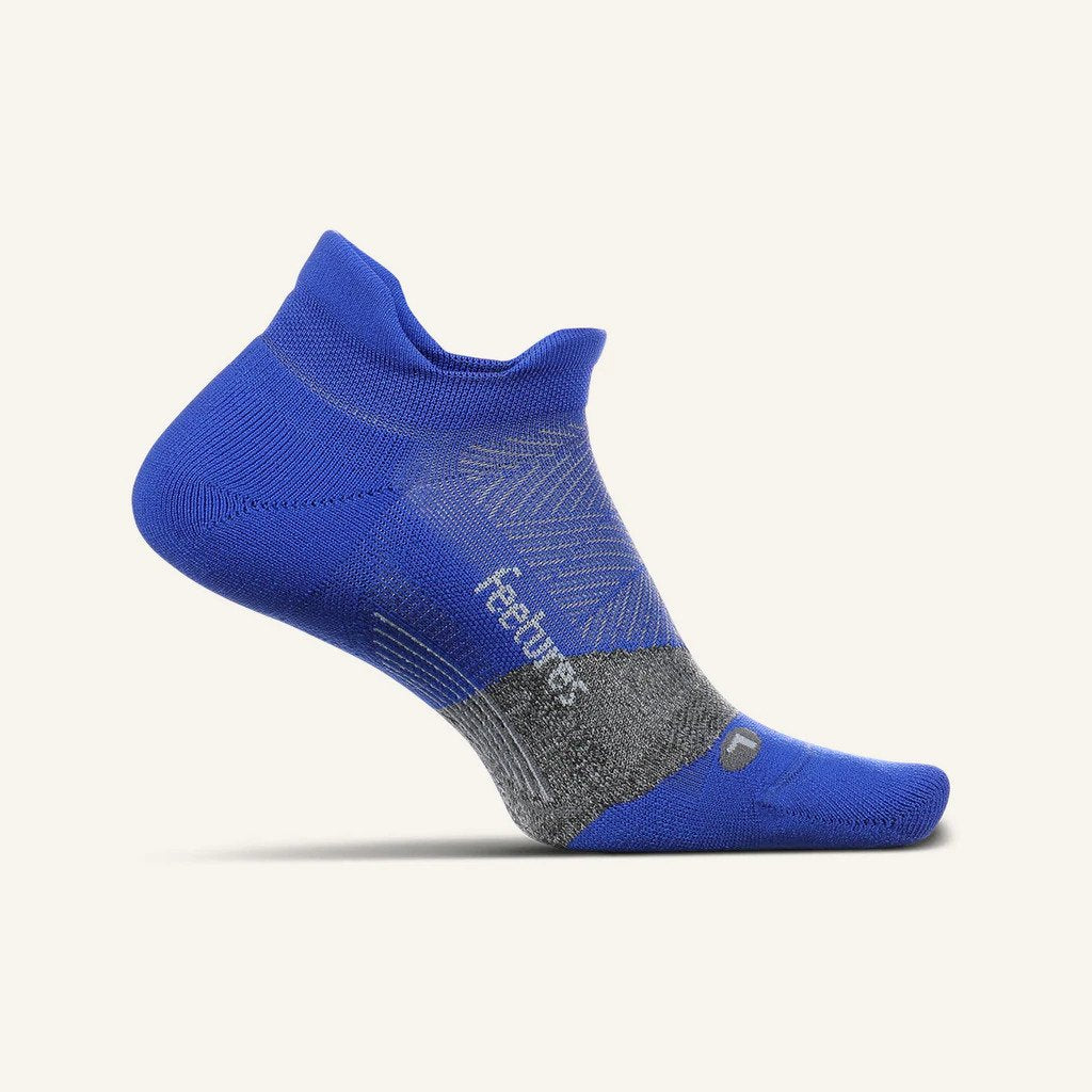 Medial view of the Feetures Elite Max cushion no show tab sock in the color boost blue
