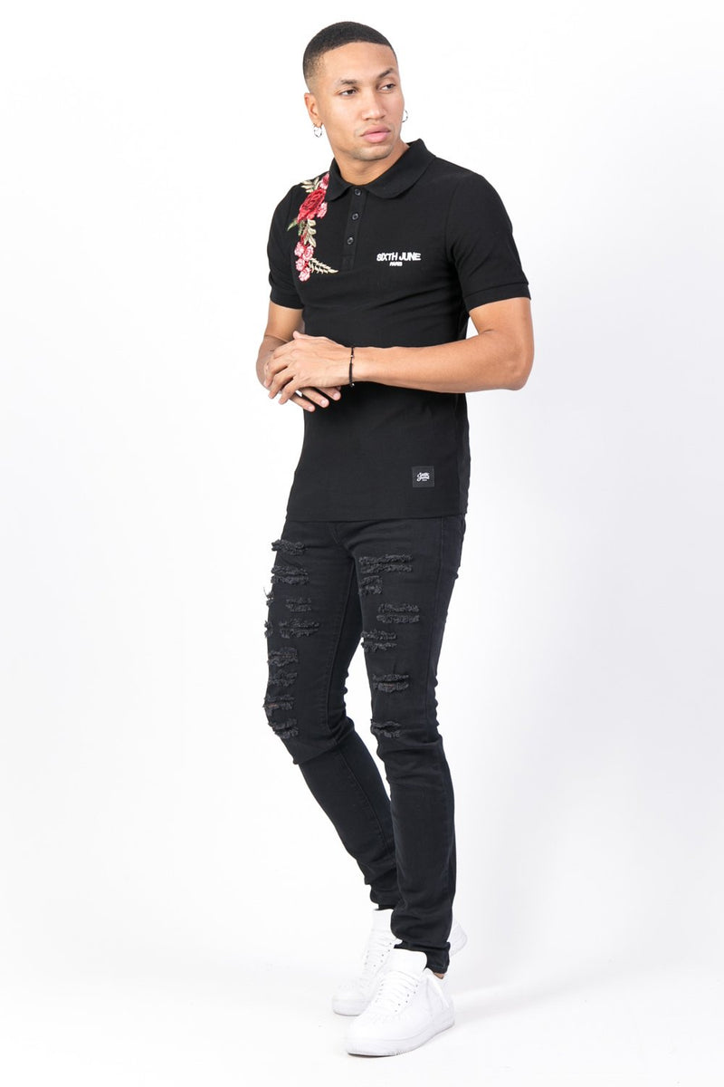 Roses Embroidered Polo Black - MEN Polo - Sixth June Europe