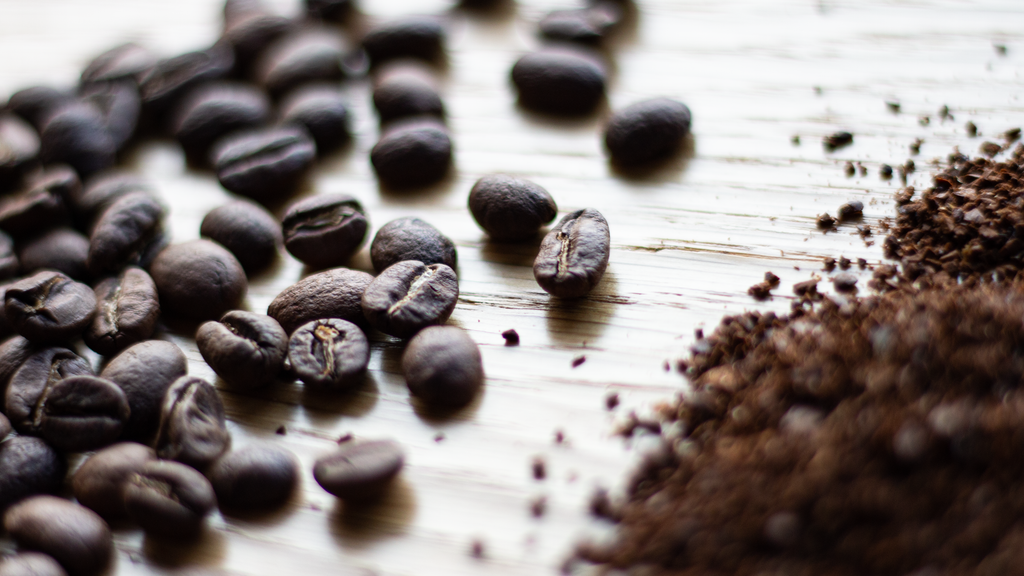 whole coffee beans and ground coffee beans, freshly roasted coffee