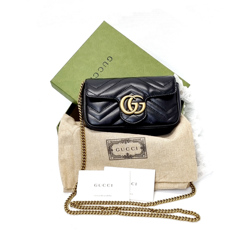 GUCCI Calfskin Matelasse Super Mini GG Marmont Shoulder Bag Black