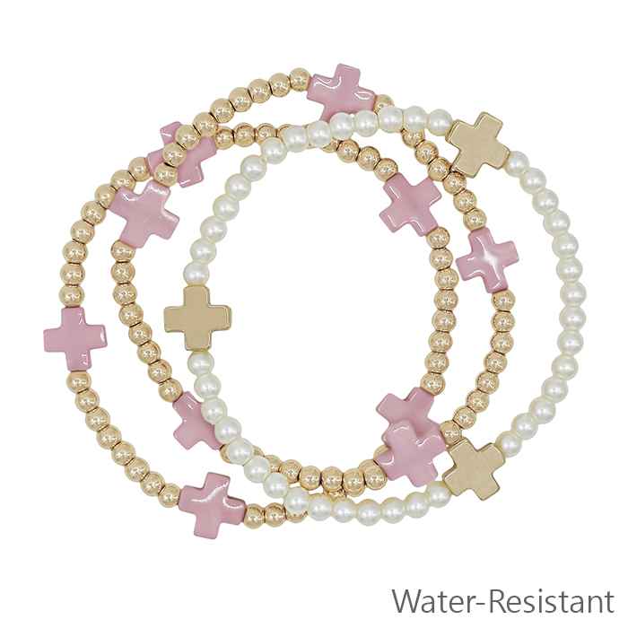 What's Hot - Water Resistant Gold Beaded with Pink Cross and Pearl Set of 3 Stretch Bracelets