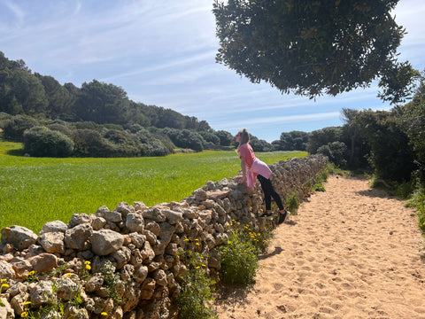 menorcan stone wall and grassy field near the beach