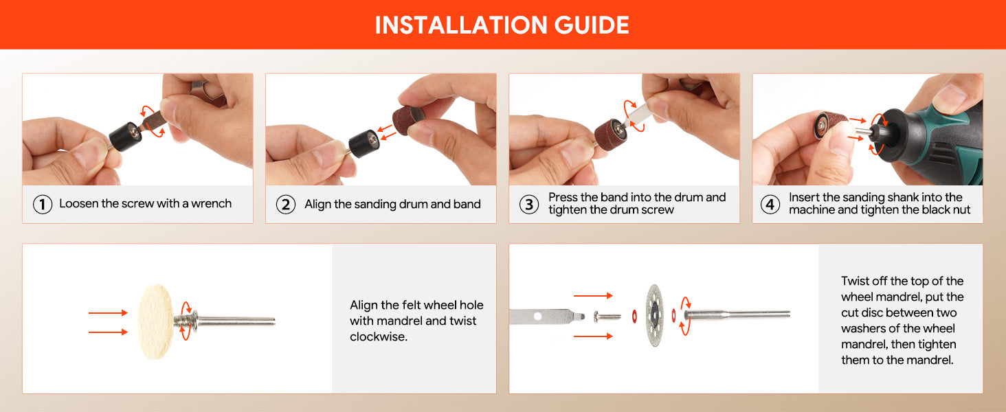 Installation guide for DEPSTECH rotary tool accessories.