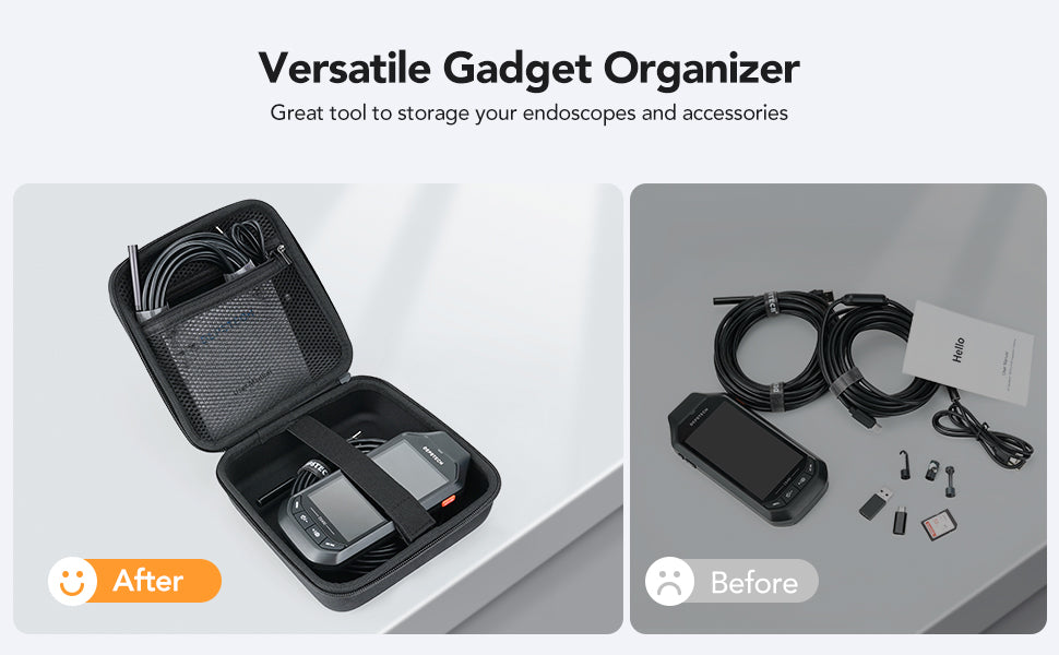 Comparison the situations of using and do not use the Depstech endoscope carry case to collect the devices.
