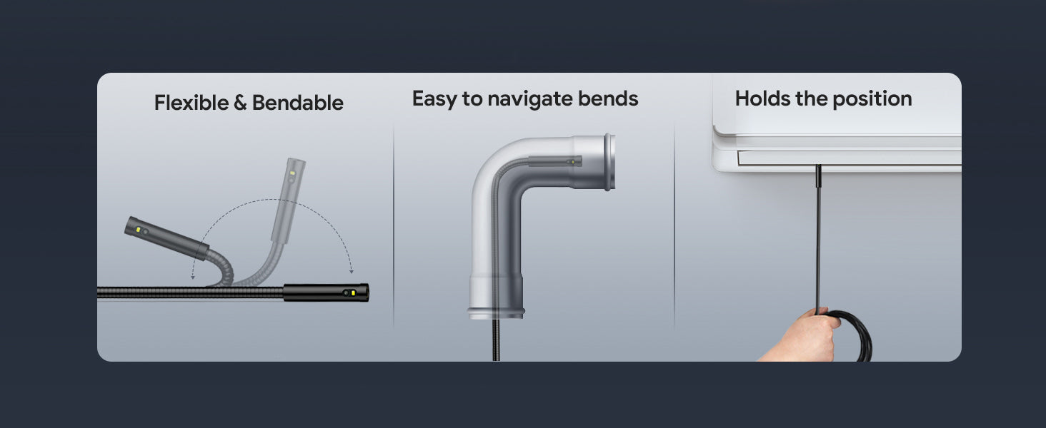 Les caméras d'inspection doubles pratiques DEPSTECH offrent l'avantage de voir vers l'avant ou sur les côtés pour augmenter la productivité de l'inspection. Il est simple de basculer entre les deux vues sans avoir à déplacer la sonde. L'optique avancée et l'éclairage LED brillant produisent des images plus précises tout en réduisant la fatigue oculaire lors d'inspections prolongées.