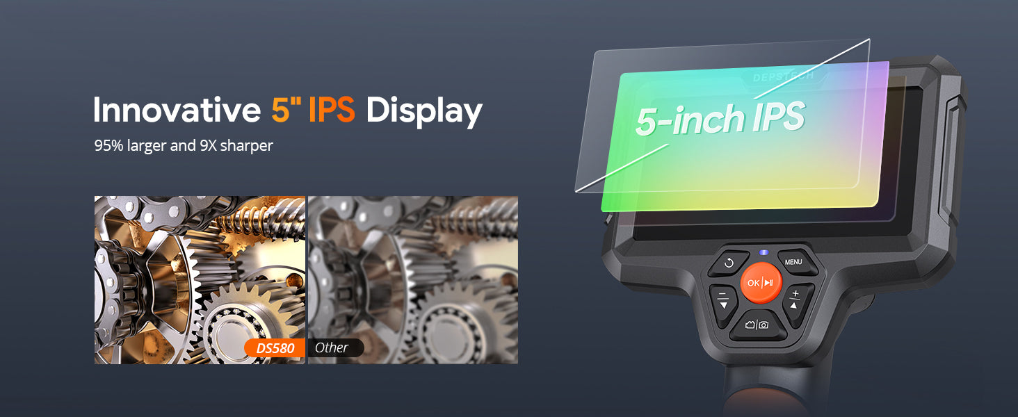 Large 5" IPS Display Enhances Viewing - Complete your inspections with unrivaled image clarity, thanks to a 95% larger and 3X brighter screen. The borescope's IPS panel offers natural yet bright colors from any front angle without distorting the hues. You can also adjust the screen brightness for an optimum viewing to speed up your inspection workflow.