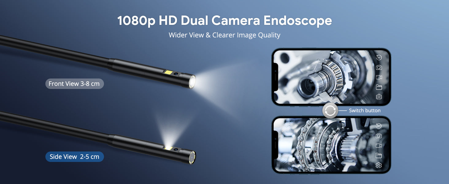 Depstech dual cameras provide options for different views. The side view camera is invaluable when using in confined spaces, as not have to twist the snake camera head to get the clear side view. Simply toggles between the two cameras by clicking the switch button on the screen.