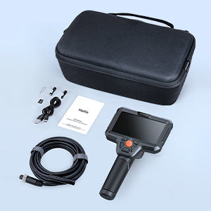 Depstech DS500 Industrial Endoscope, 16.5ft Semi-rigid Cable, 32GB TF Card, Waterproof EVA Case, USB Charging Cable, Hook & Magnet, and User Manual are included.