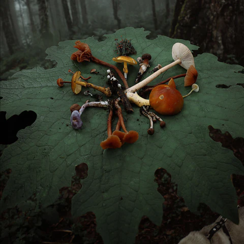 mushrooms on a giant leaf in oaxacan forest