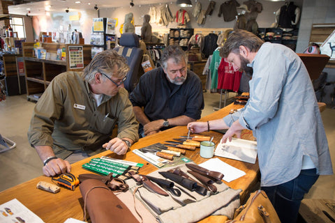 The Helle and Voetspore team talking knives and travel in their South African shop.