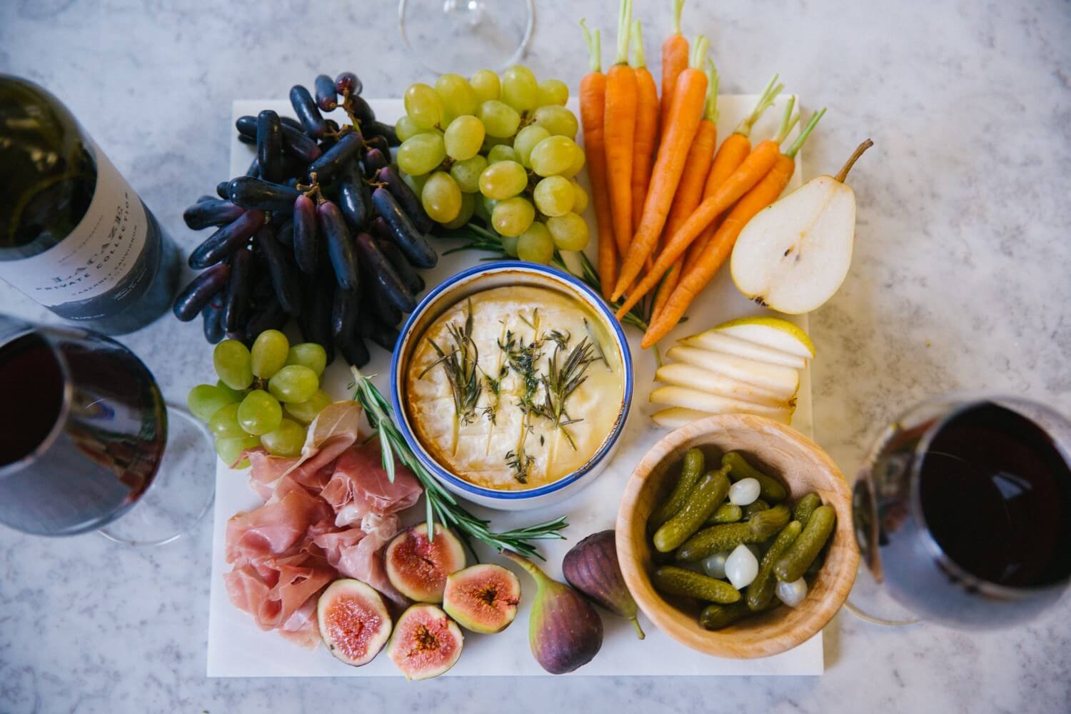 Sharing board with crudites, baked camembert and honey