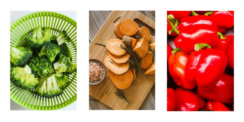 three photos side by side including broccoli, sweet potato cut into slices on a wooden chopping board and red bell peppers