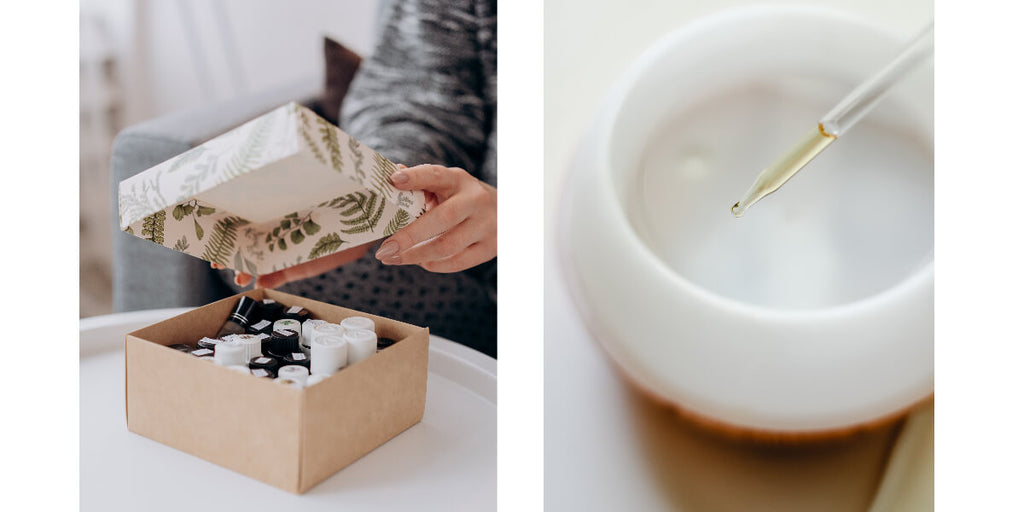 essential oils in a box and in a diffuser