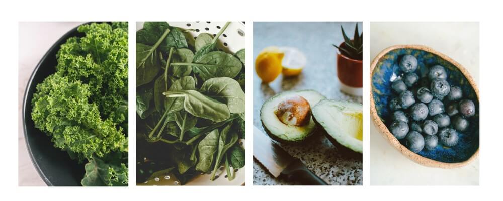 kale, spinach, avocado and blueberries ingredients for green smoothie