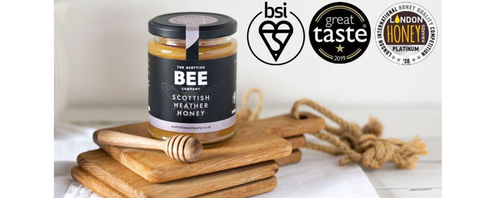 heather honey with BSI, great taste and London Honey award icons