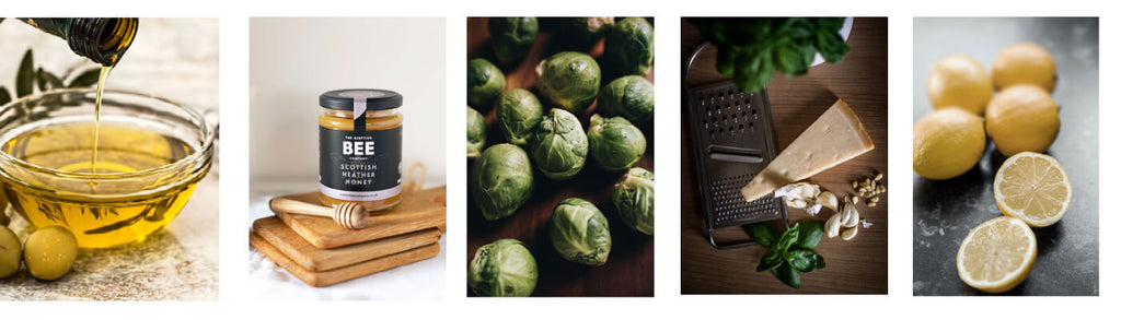 from left to right: oil, heather honey, Brussel sprouts, parmesan and lemon