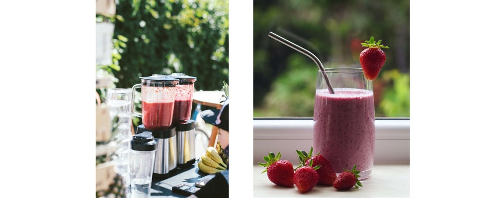 red berry smoothie in a blender and in a glass