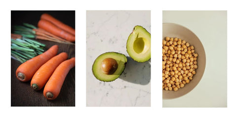 three images including carrots, cut in half avocado and bowl of chickpeas