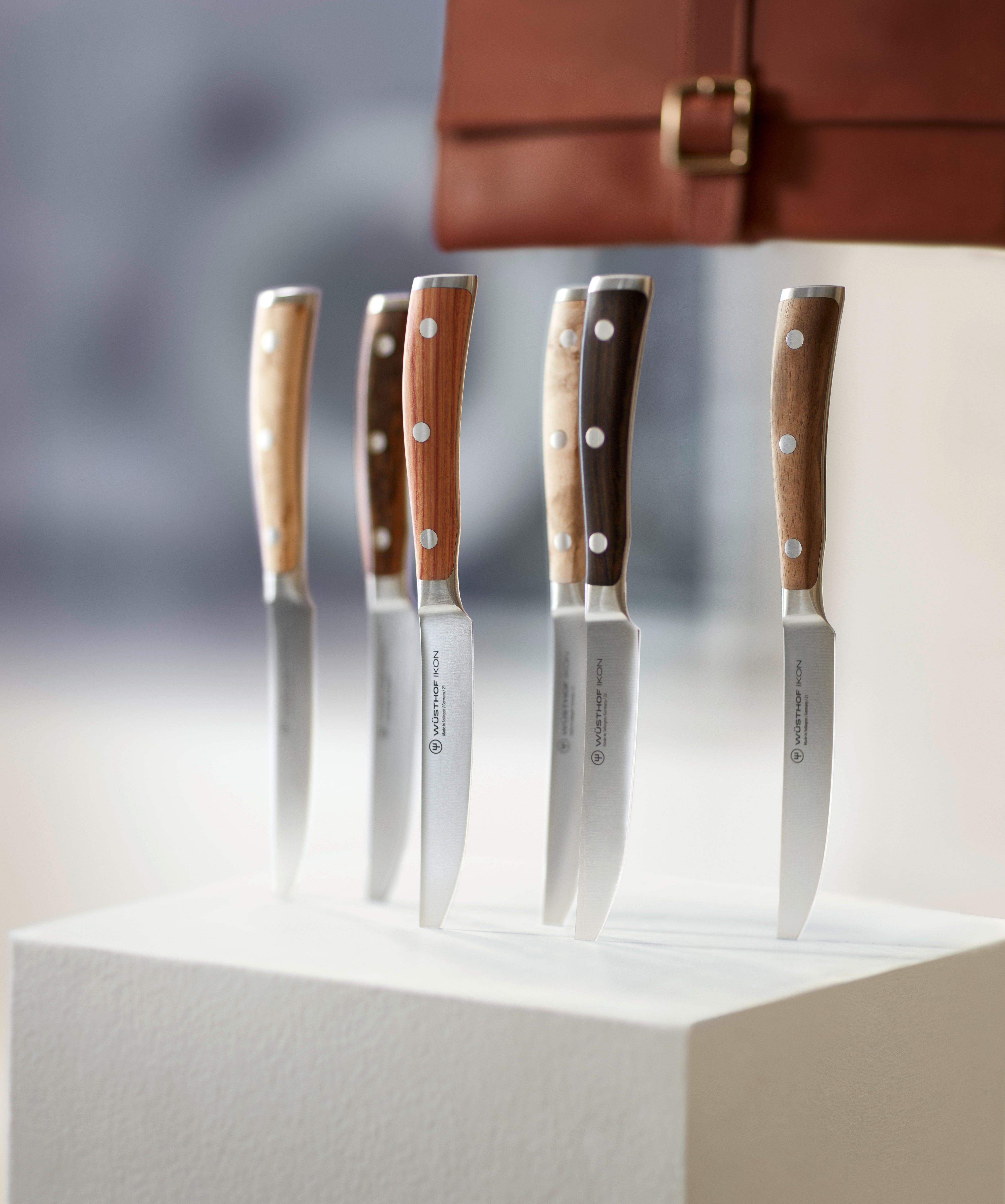 WÜSTHOF Ikon 6-Piece Mixed Wood Steak Knife Set w/ Leather Knife Roll