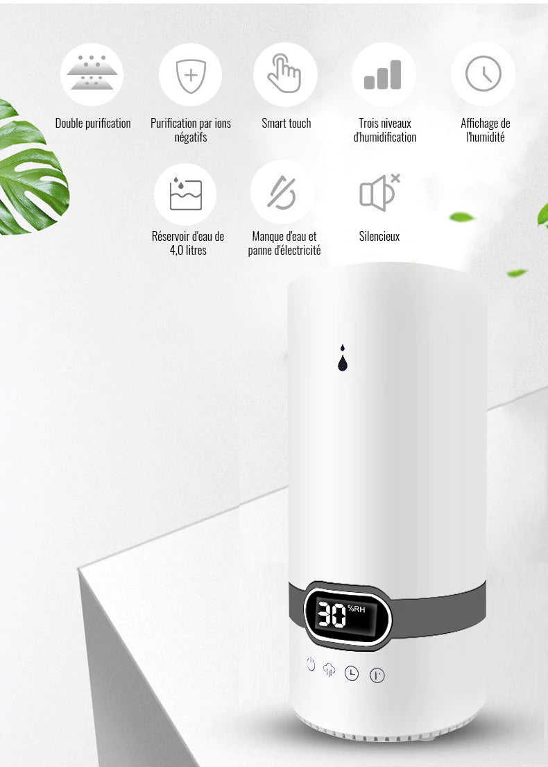 Humidificateur d'air 4 L, Design Vertical, Affichage LED, Système  Intelligent, Blanc