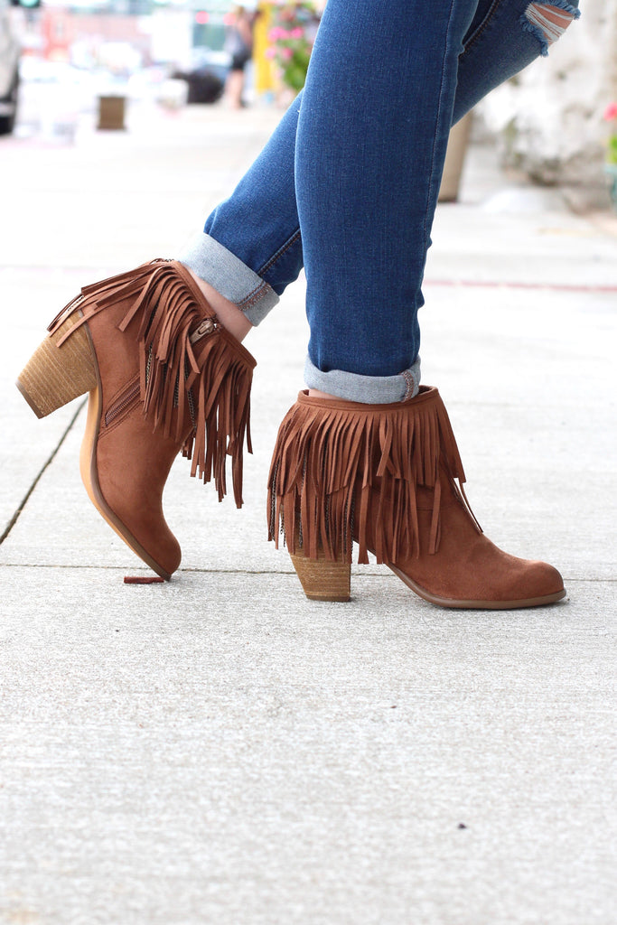 Not Rated: Auriga Fringe + Chain Suede Booties {Tan} | Boutique – TFL