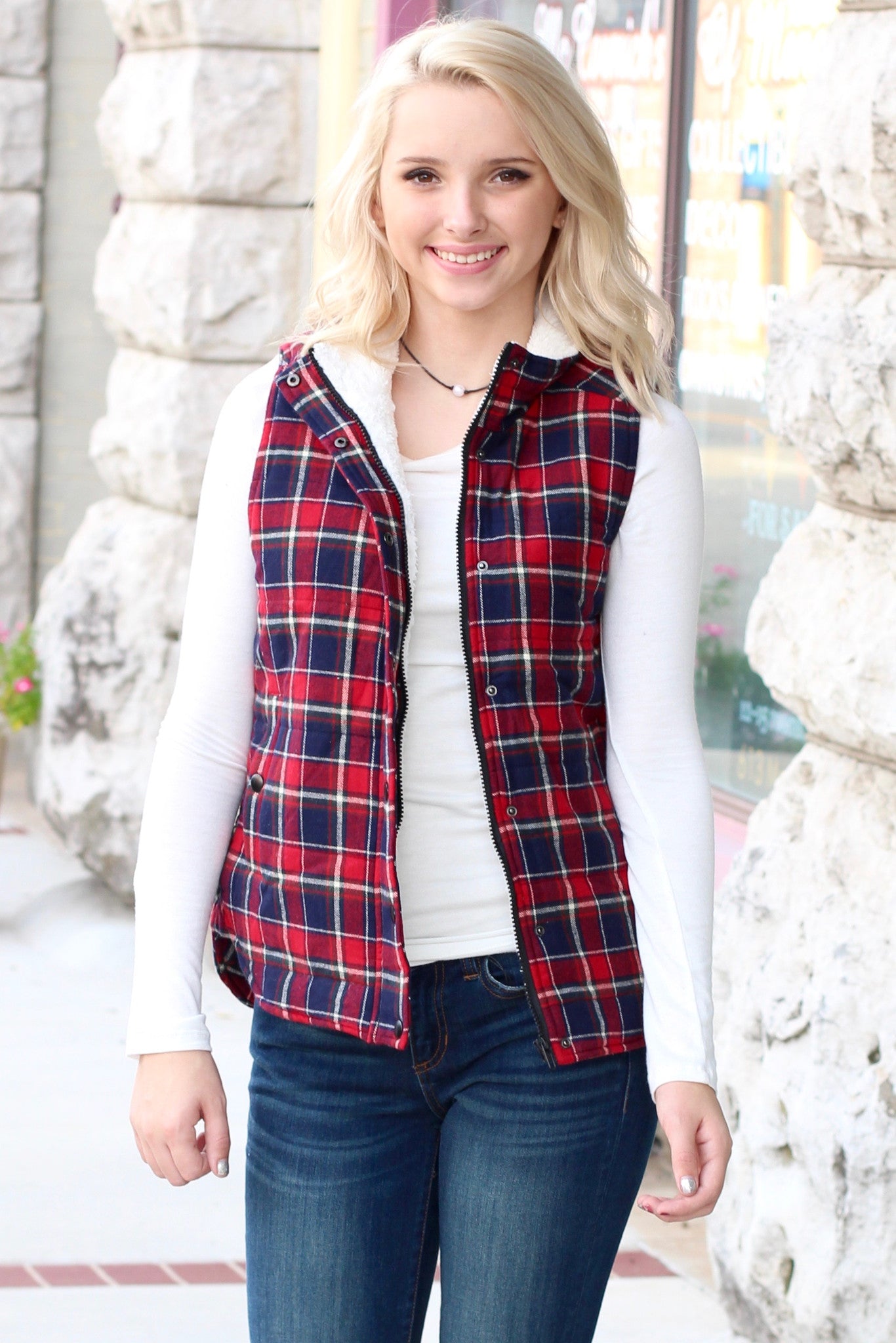 Fur Lined Plaid Puffer Vest {Red+Navy} | Online Boutique – TFL