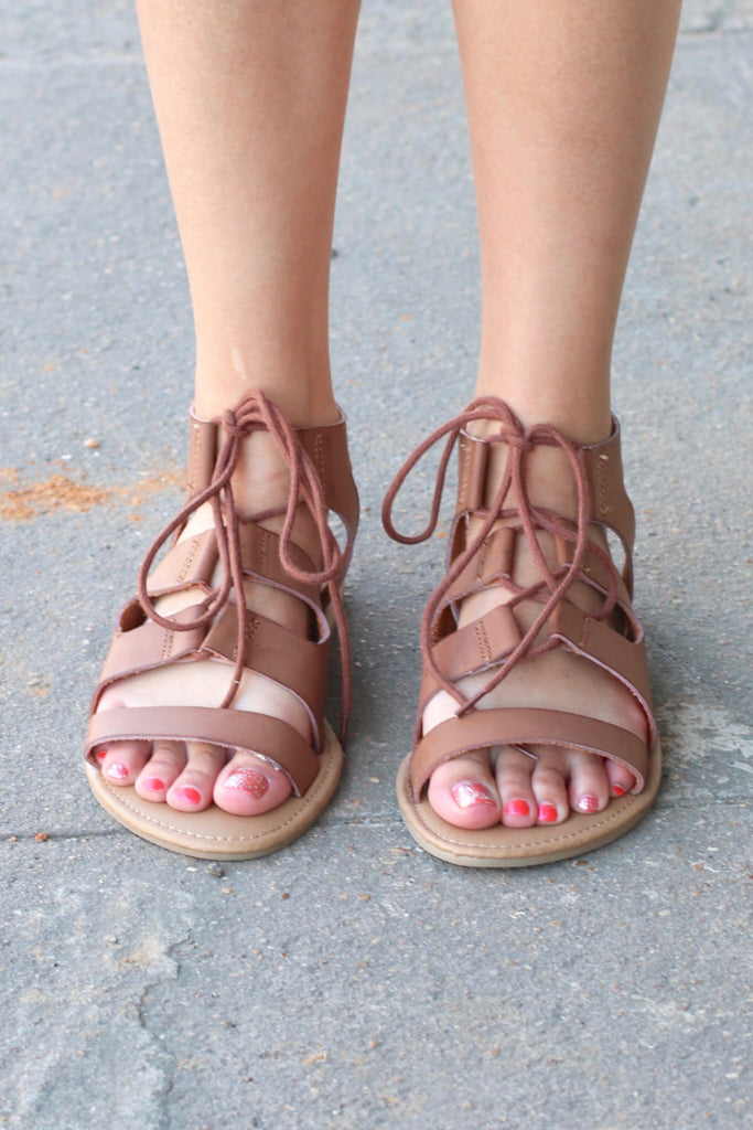 MIA: Delphine Lace Up Sandals {Dk. Brown} | Boutique – TFL