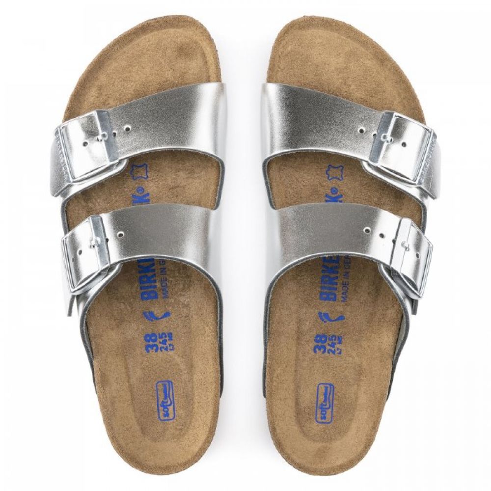 Birkenstock Women's Arizona Softbed Leather in Metallic Silver (Narrow Width)