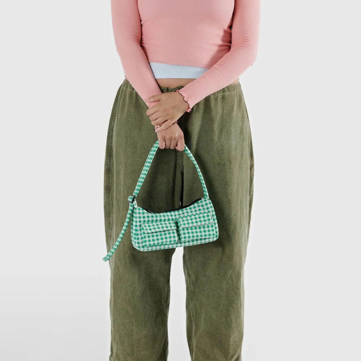 Baggu Cargo Shoulder Bag in Green Gingham