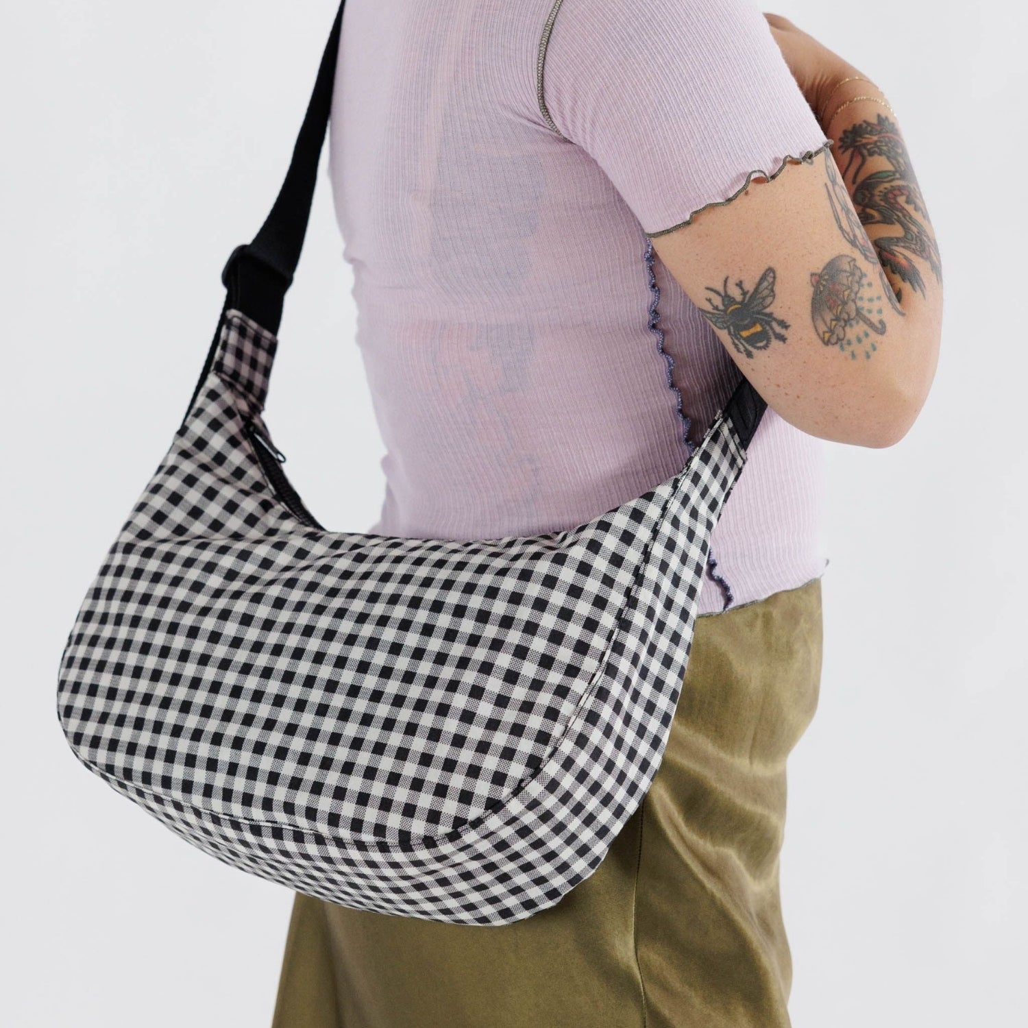 Baggu Medium Nylon Crescent Bag in Black & White Gingham