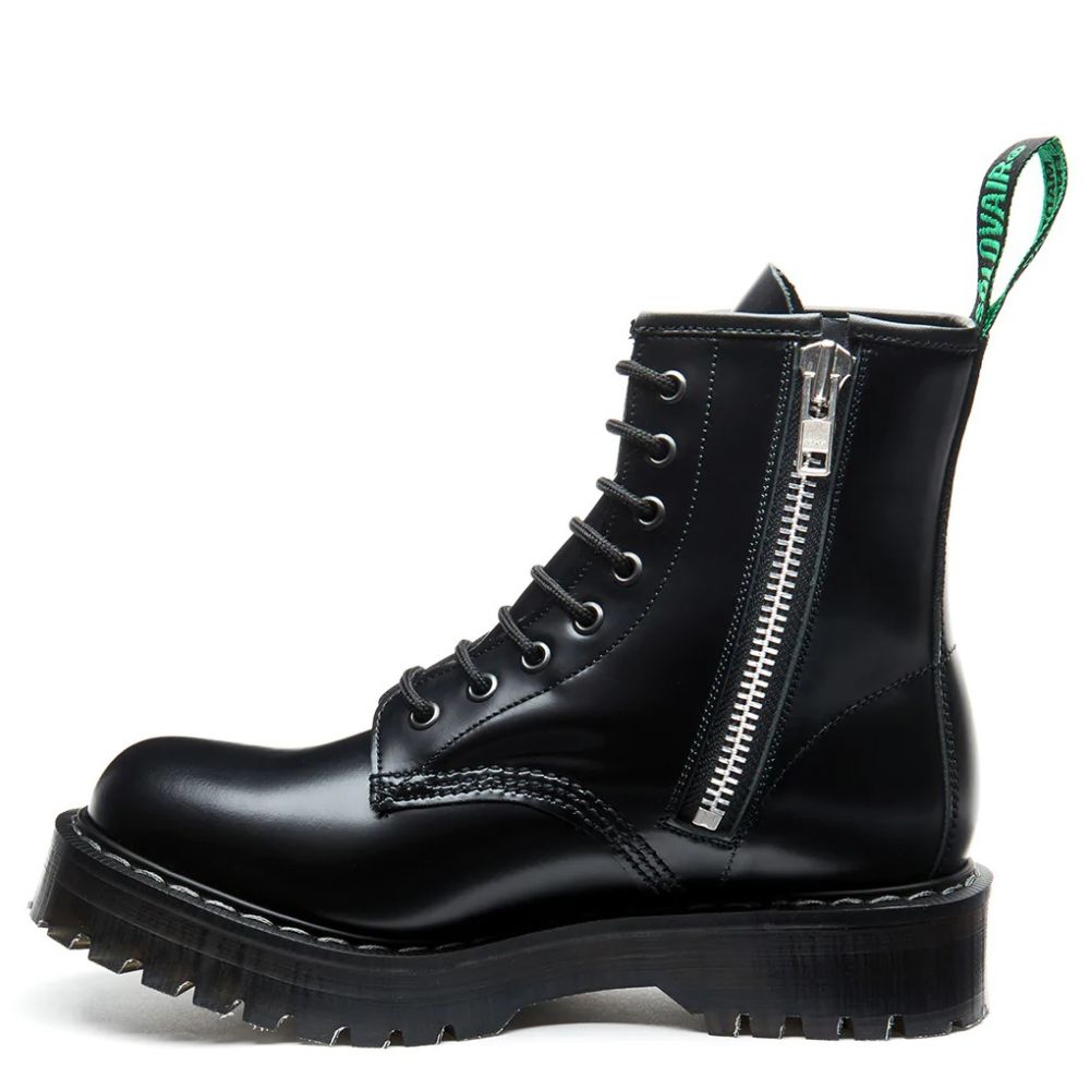 Solovair 8 Eye Zip Platform Derby Boot in Black Hi-Shine