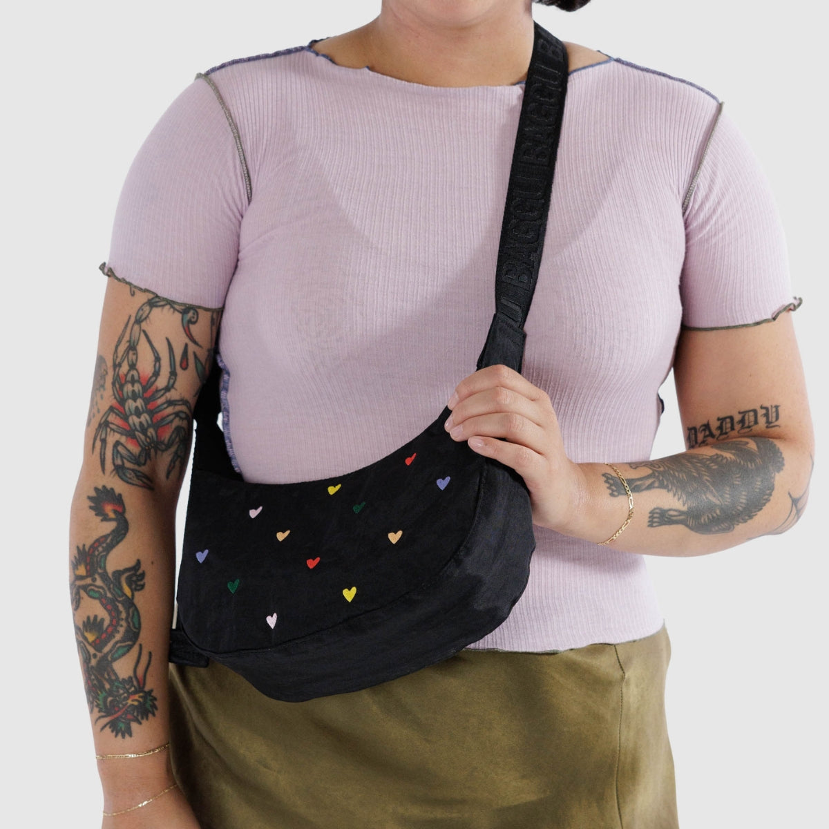 Baggu Small Nylon Crescent Bag in Embroidered Hearts