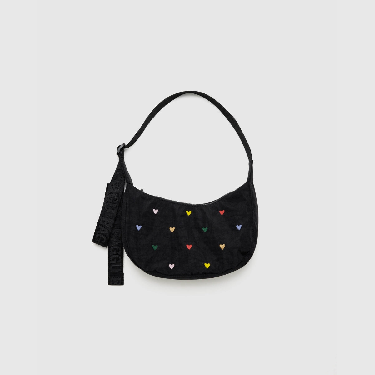 Baggu Small Nylon Crescent Bag in Embroidered Hearts