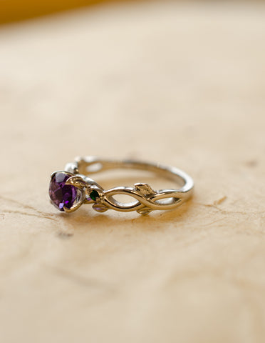 Amethyst & Emerald Vine Leaf Ring 