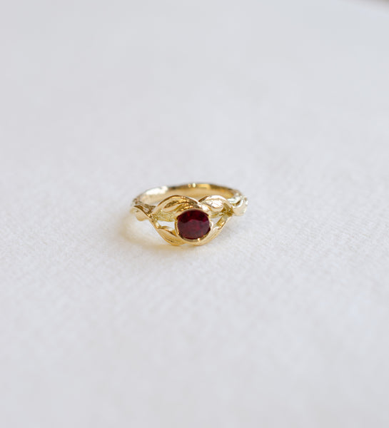 Ruby 18ct Yellow Gold Wax Carved Leaf Ring
