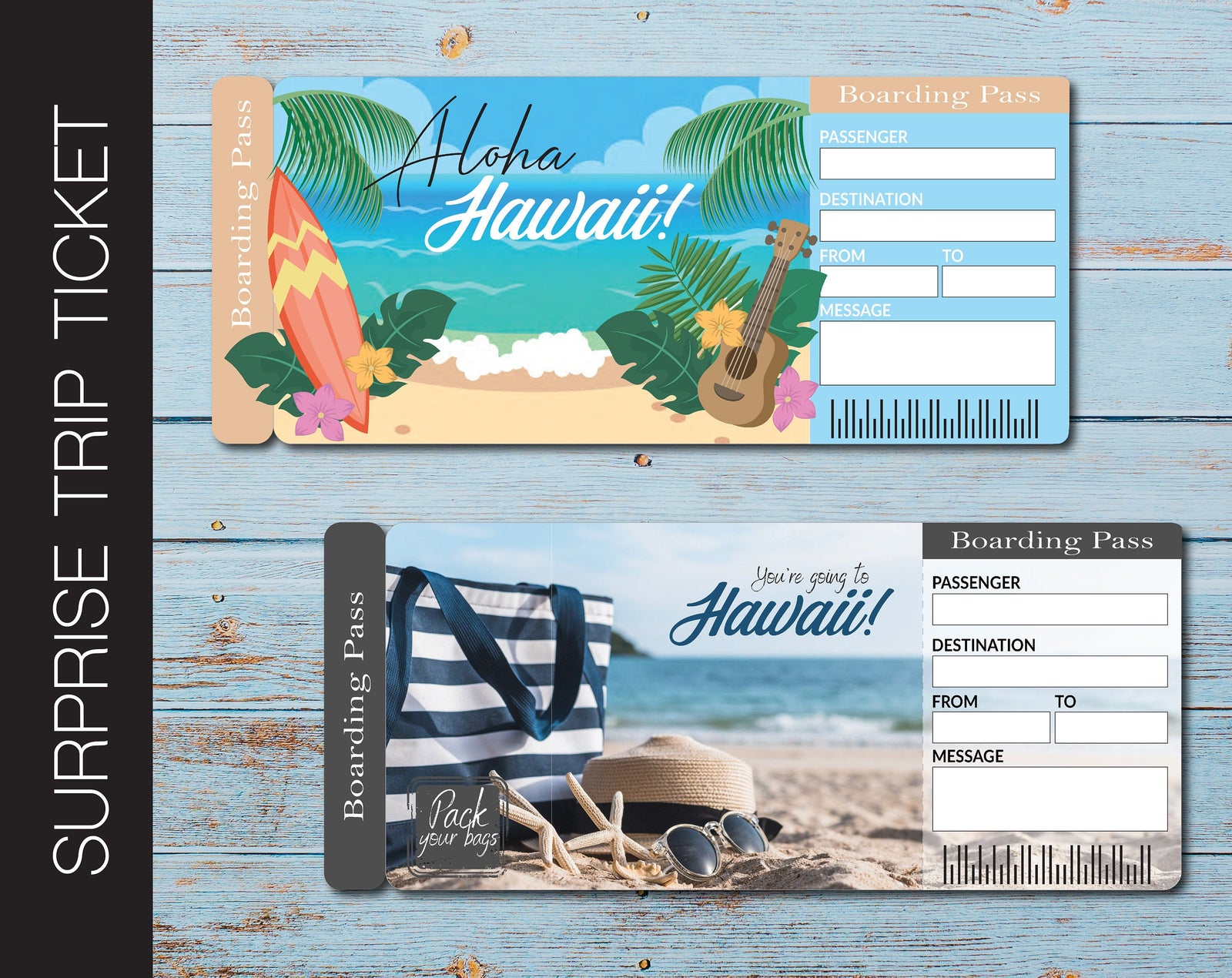 Printable Hawaii Surprise Trip Gift Ticket Kaci Bella Designs