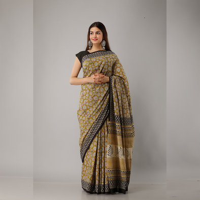 Buy UNNATI SILKS Women's Rajasthani Soft Silk Saree with Bagru Prints and  blouse piece(UNM31159+Off White+Free Size) at Amazon.in