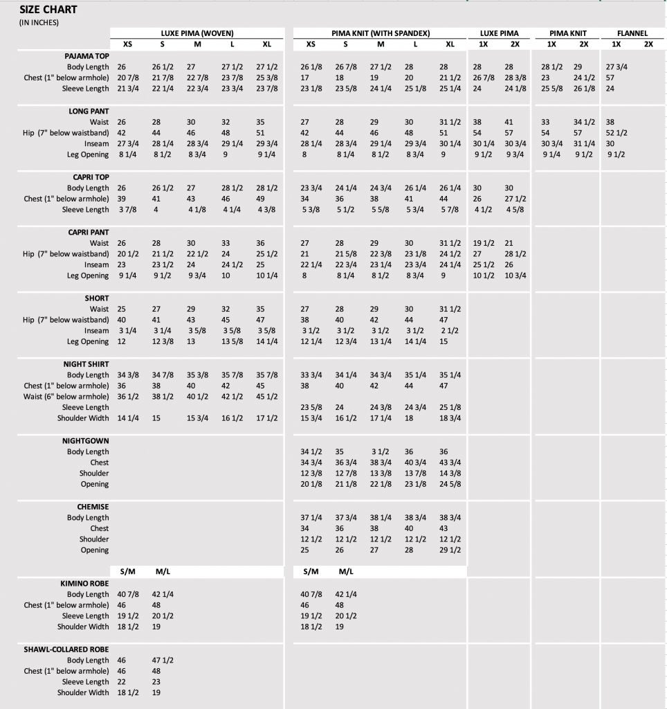 Size chart