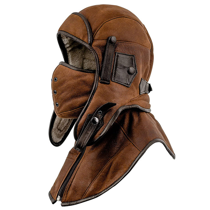 Genuine Leather Aviator Trapper Cap With Mask And Collar Ecoooc