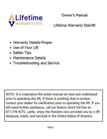 Lifetime Warranty Stair Lift Owner's Manual