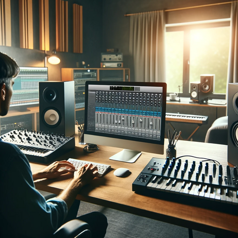 A music producer in a modern studio focusing on EQ software on a computer screen, surrounded by musical equipment like synthesizers, microphones, and studio monitors.
